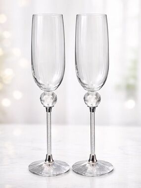 Crystal Ball and Stem Champagne Flutes - Clear/Silver (Set of 2)